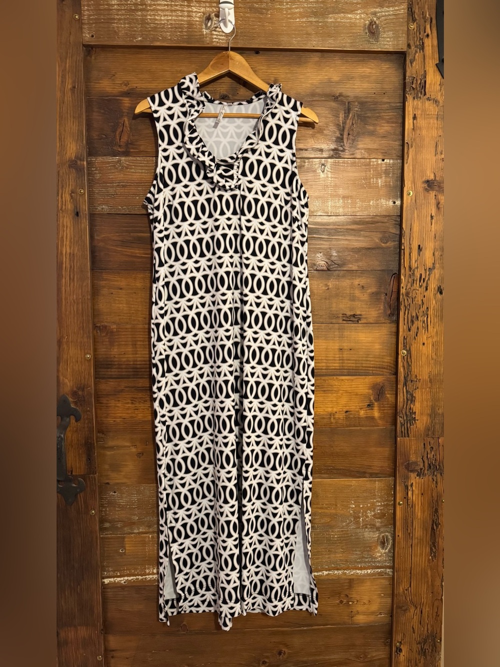 Lulu-B Black White Geometric Ruffle Neck Maxi Dress UPF 50 M